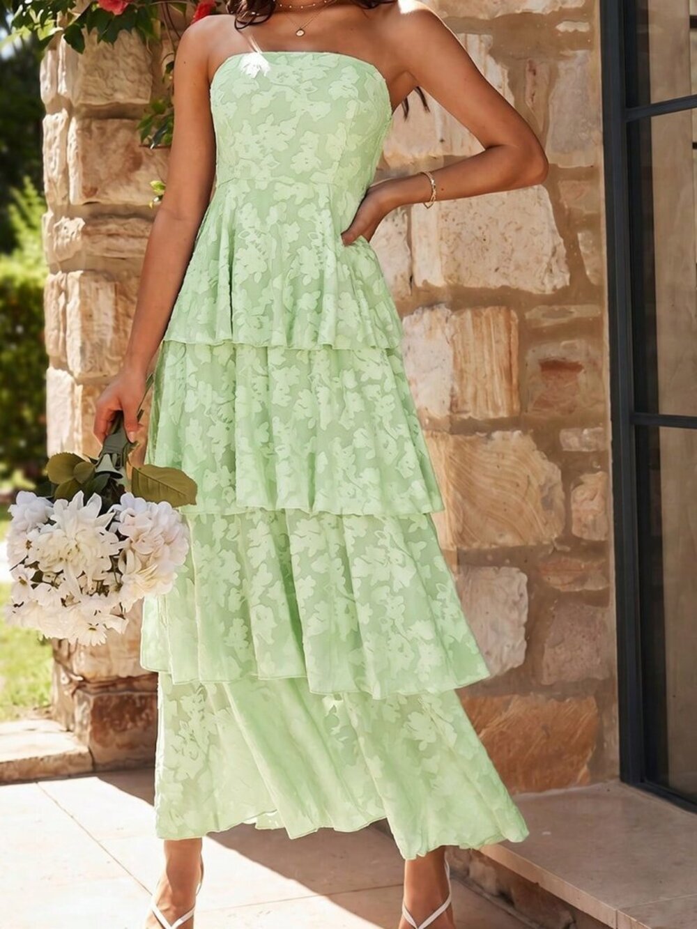 Green Elegant Romantic Women's Long Jacquard Strapless Vacation Dress